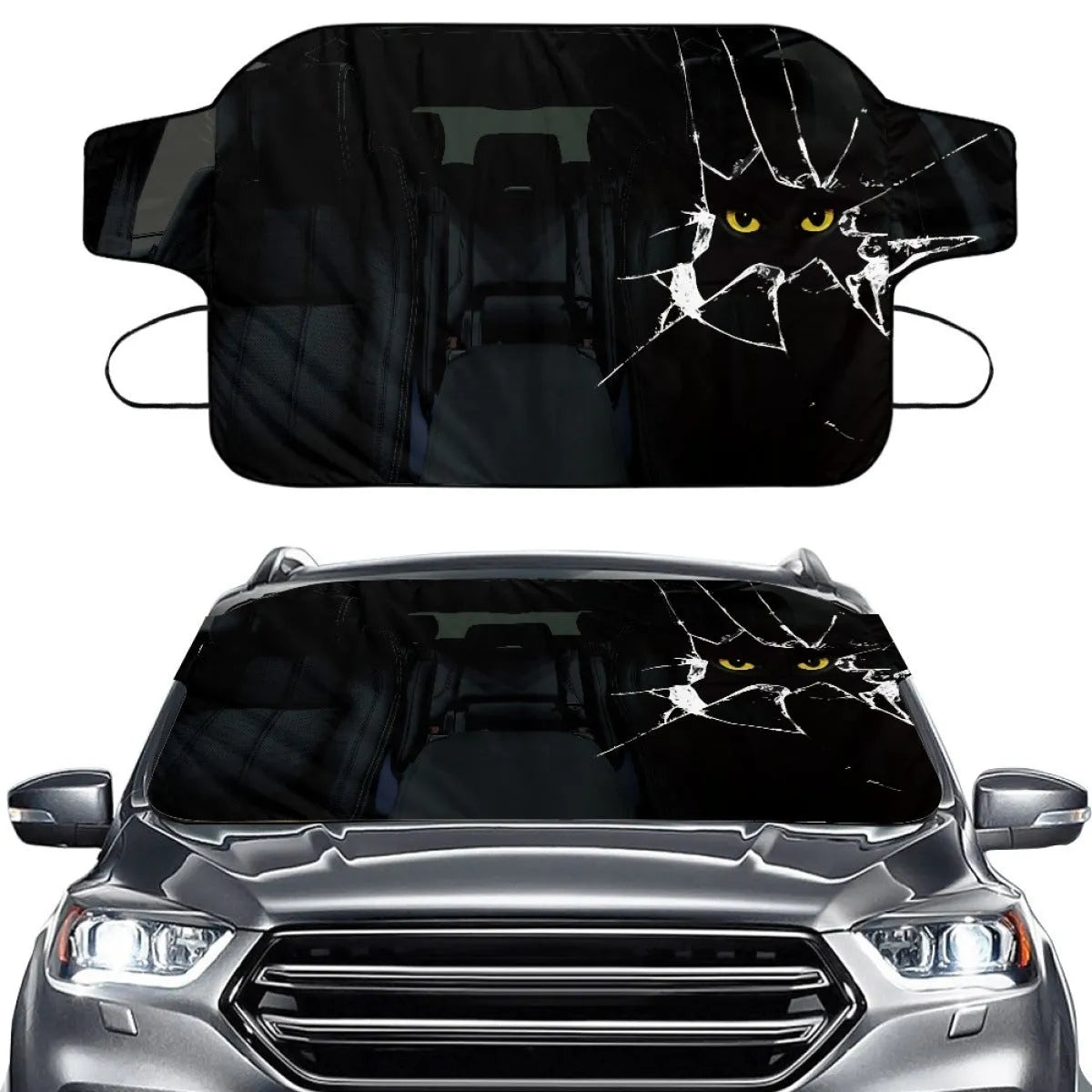 Universal car front snow protection cover made from silver aluminium fabric, shown fitted to a vehicle's windscreen and bonnet.