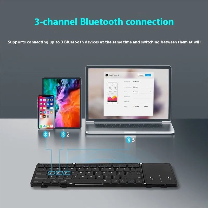 Black folding Bluetooth keyboard collapsed to compact size for mobile phones and tablets