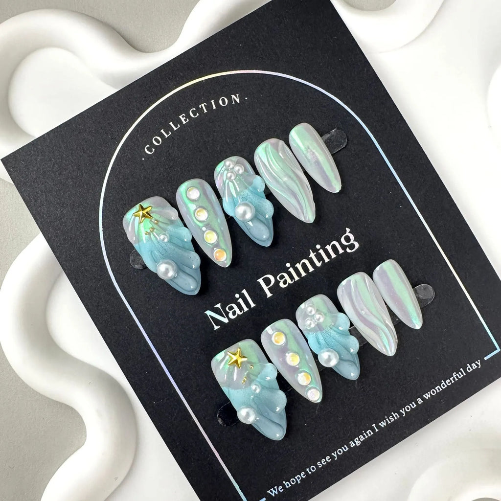 HAILANG blue plastic wearable shell nail tips in sizes XS, S, M, L on a white background.