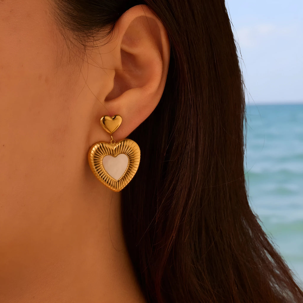 Gold electroplated stainless steel heart fritillary earrings with romantic design for women