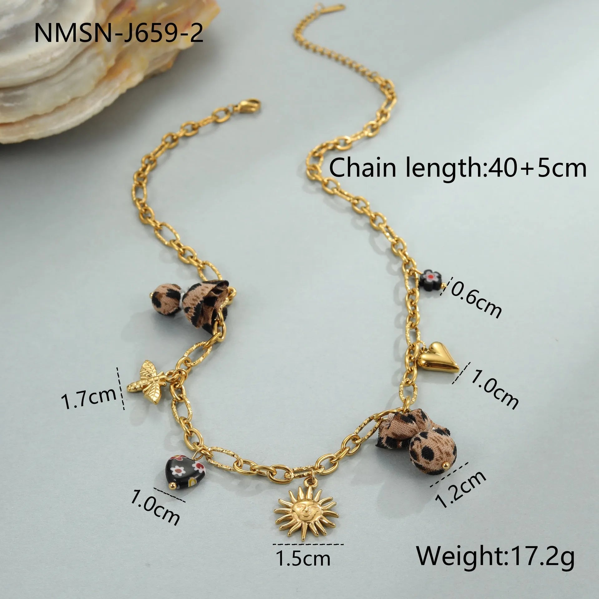 Women's stainless steel leopard pendant necklace with love heart and flower details on 41-50cm adjustable chain