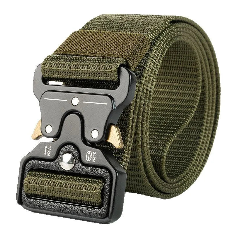 Men's thick canvas tactical belt with alloy release buckle, shown in multiple colour options including Army Green and black.