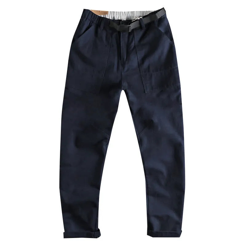 Men's cotton work trousers with N I buckle belt in khaki and dark blue colours