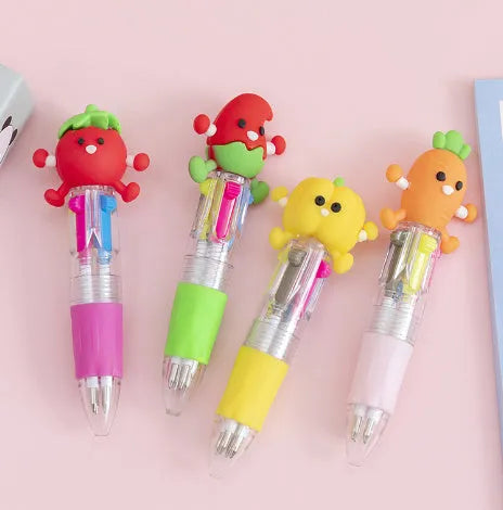 Cute cartoon-themed four-colour press ballpoint pen with 0.7mm tip, showing one random design variant.