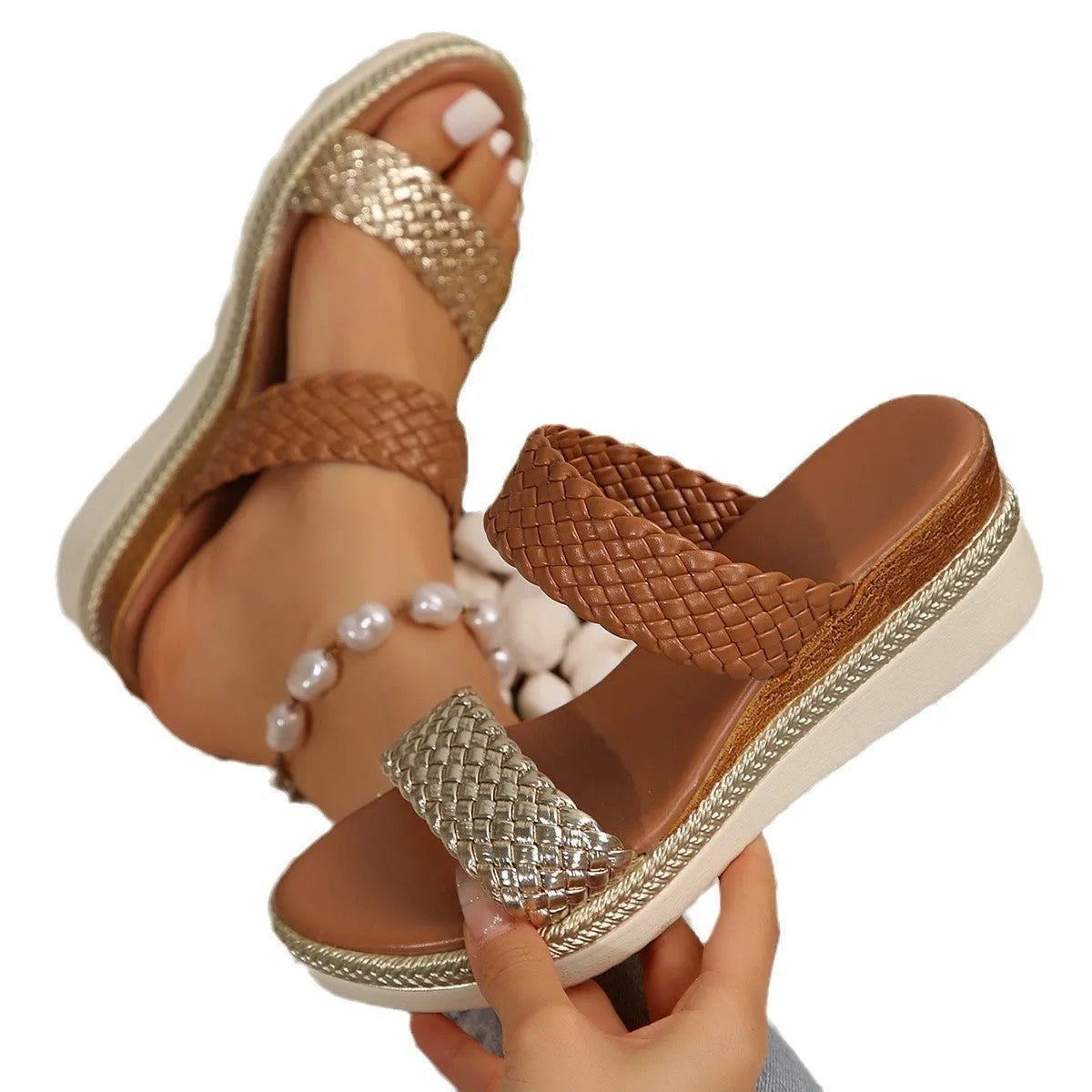 Gold and silver plus size wedge sandals for women with rubber soles in sizes 36-43