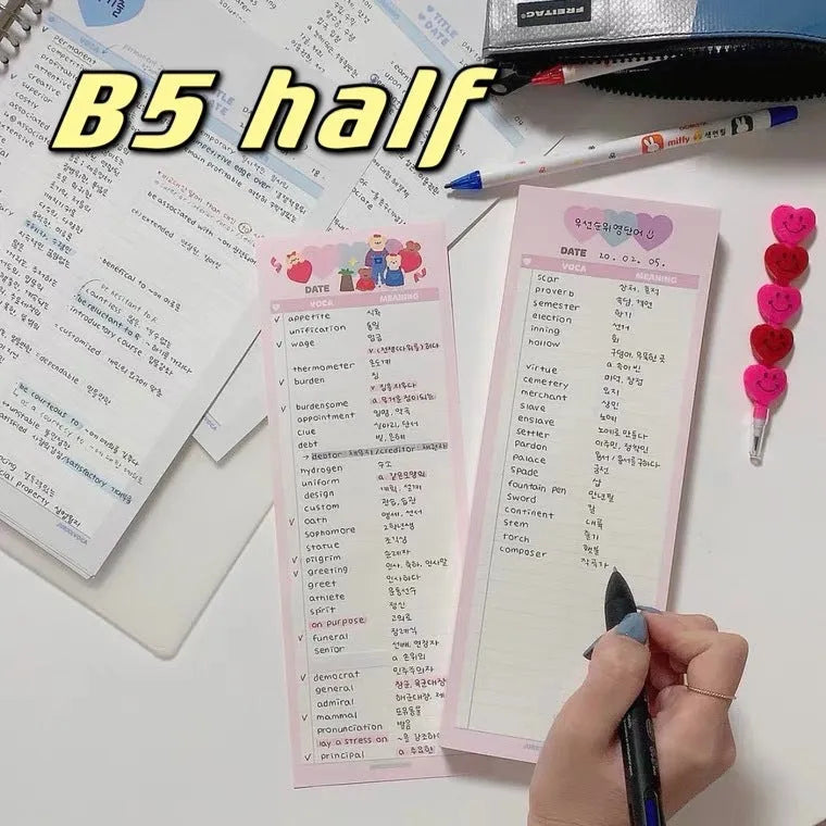 English word learning notepad in B5 half size with pink cover and 30 double-sided sheets