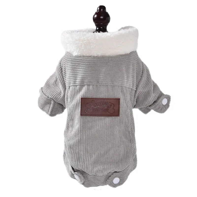 Grey lambswool dog vest with fleece lining for winter warmth on a small dog.