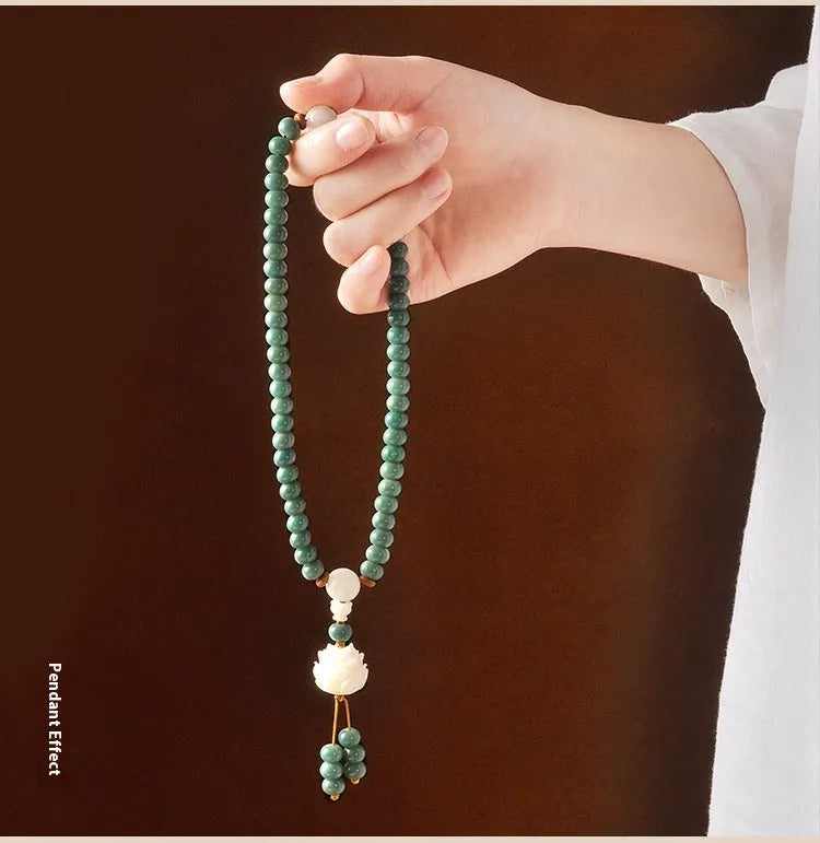 White Jade Bodhi Green Sandalwood beaded bracelet with a choice of safety buckle or lotus clasp.