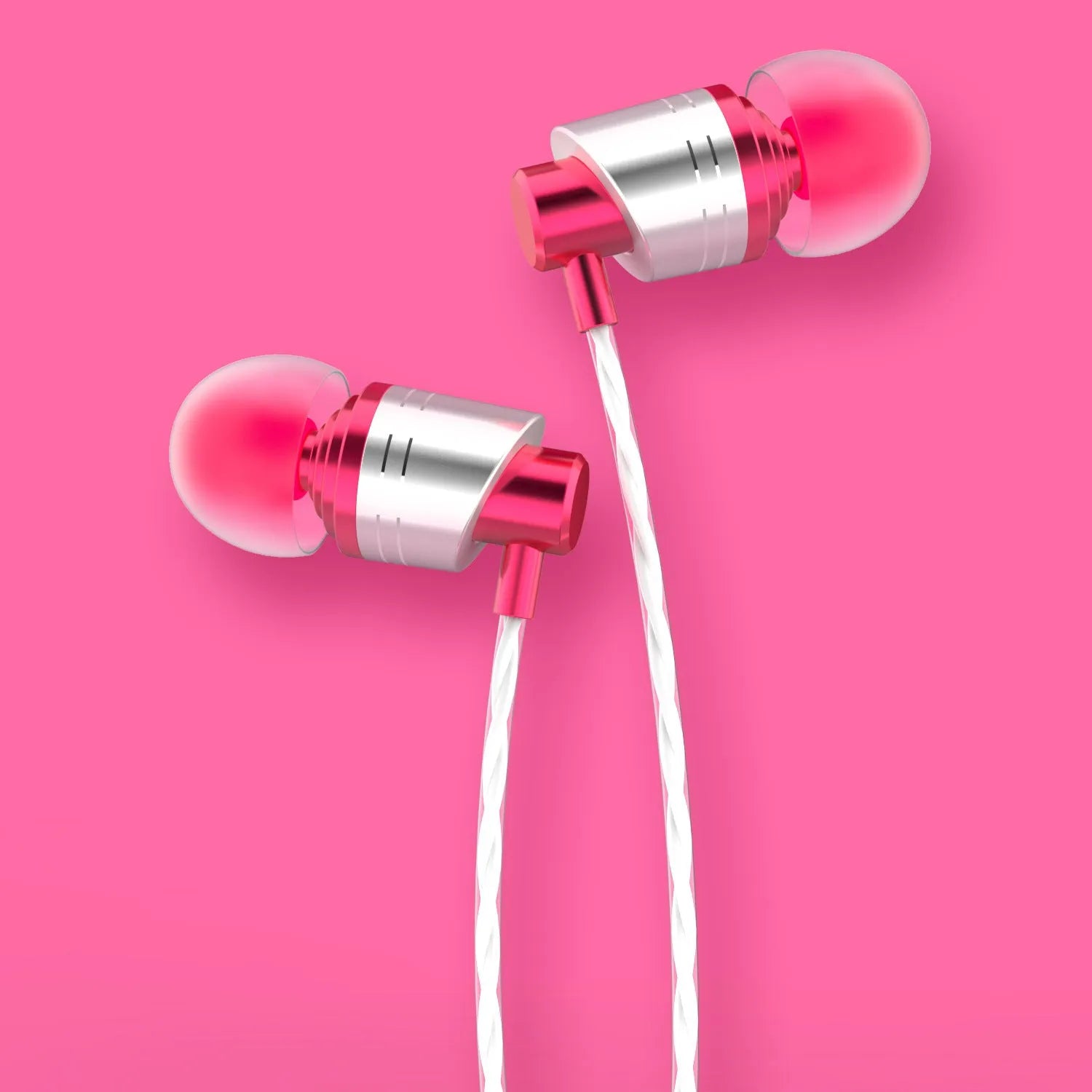 Black wired in-ear headphones with a 3.5mm plug, inline microphone, and silicone ear tips.