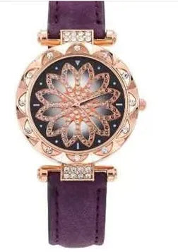 Women's diamond dial watch with round 32mm face, PU case, and pin buckle clasp in multiple colour options.