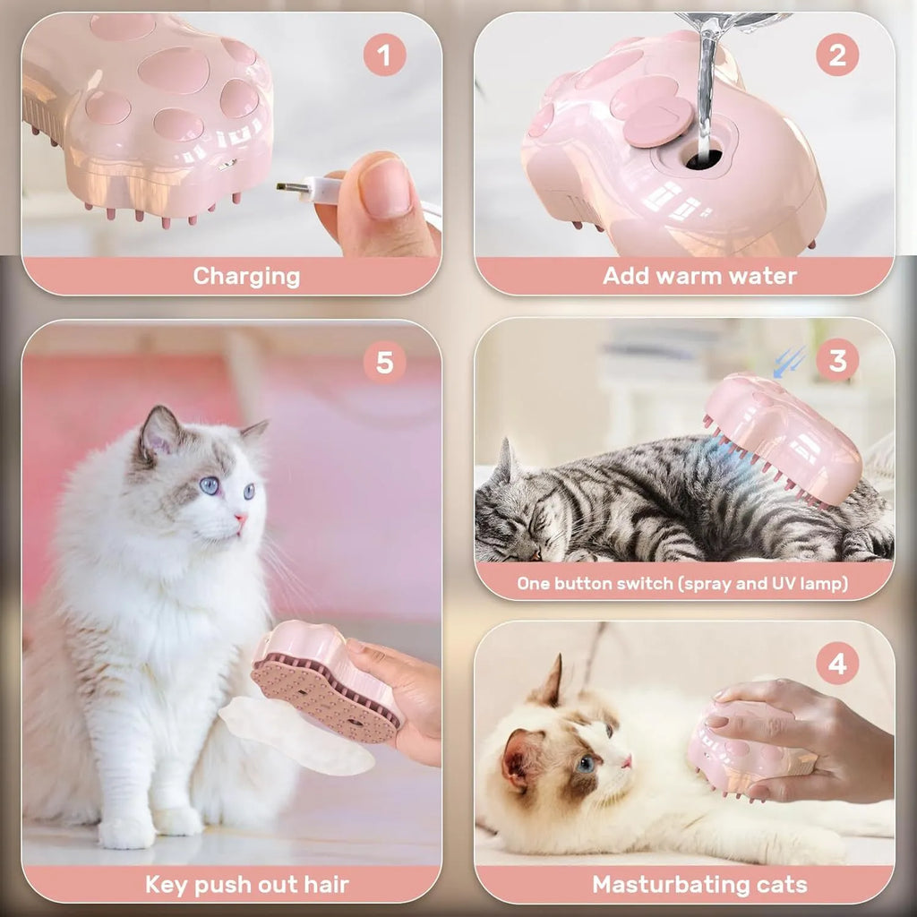 Blue self-cleaning cat steam brush with silicone massage bristles and a release button.