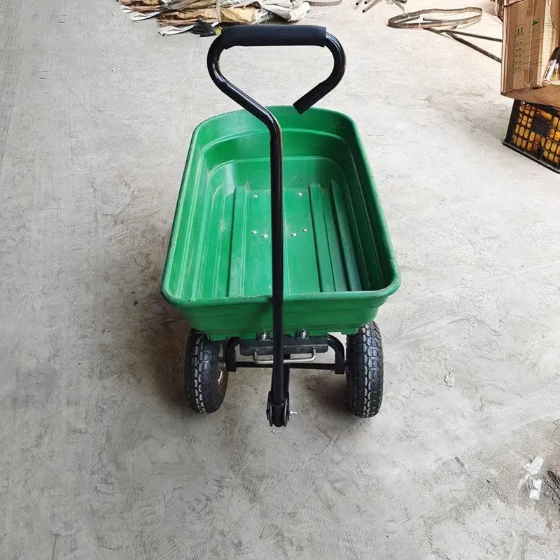 Green four-wheel plastic dump truck with steel PP body for garden material transport