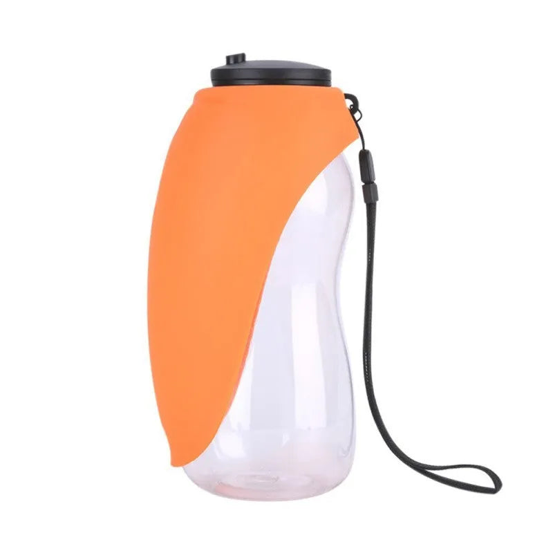 Portable pet water bottle with 680ml capacity showing key lock and wide drinking sink