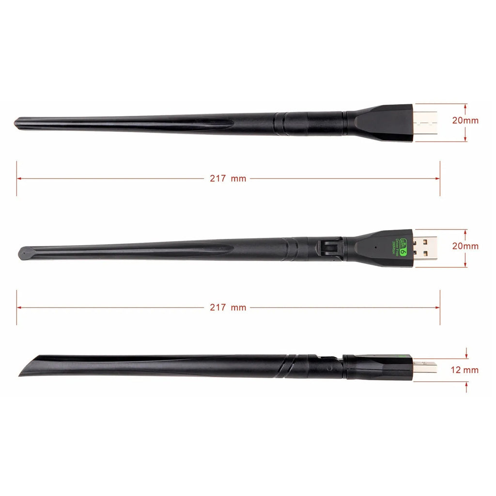 Black USB WiFi6 wireless network adapter with driver-free installation for computers.