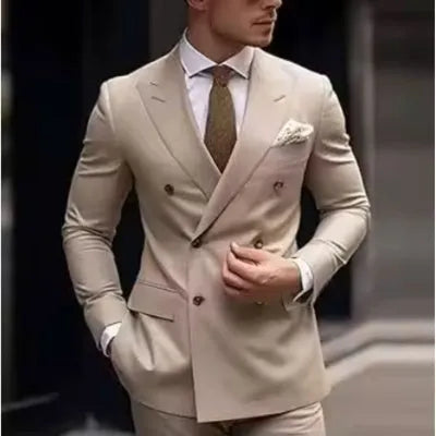 Korean style slim fit men's two-piece suit in a cotton blend fabric for business and banquet wear.