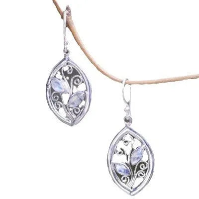 Silver leaf-shaped women's earrings with embedded colourful moonstones