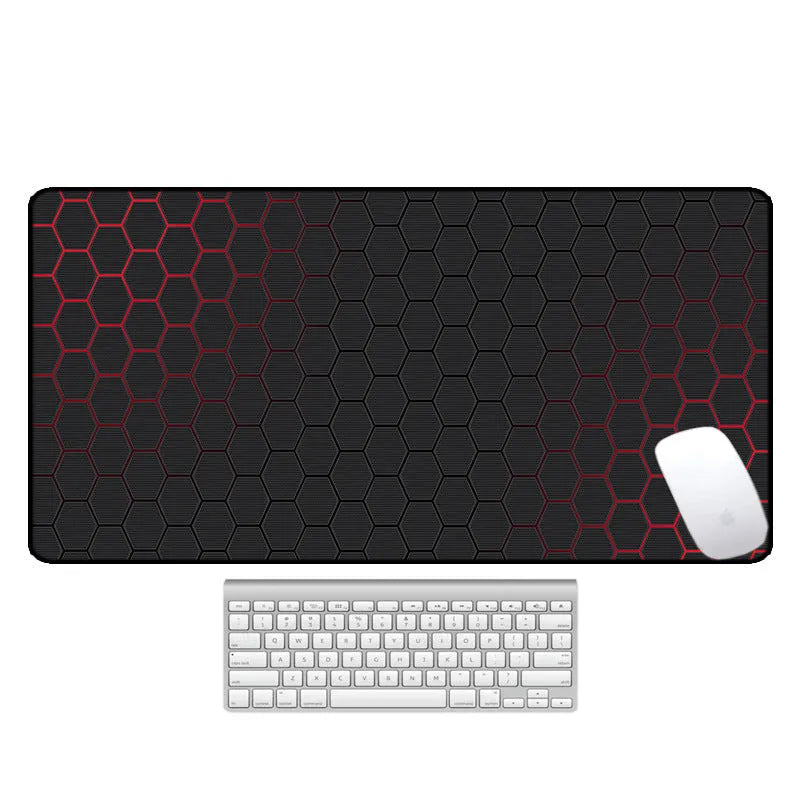 Large printed desk mat with natural rubber non-slip base on a wooden desk with keyboard and mouse.