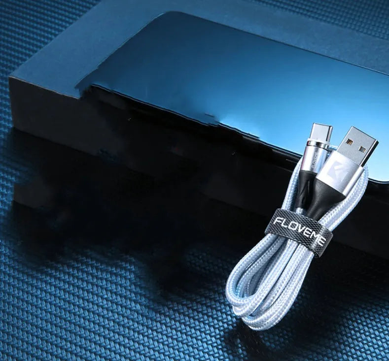 Black magnetic data cable with LED light showing iPhone and Android compatibility