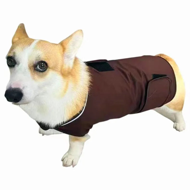 A dog wearing a soft cotton tank top for anxiety relief, shown in a choice of colours including brown, dark blue, dark green, and grey.