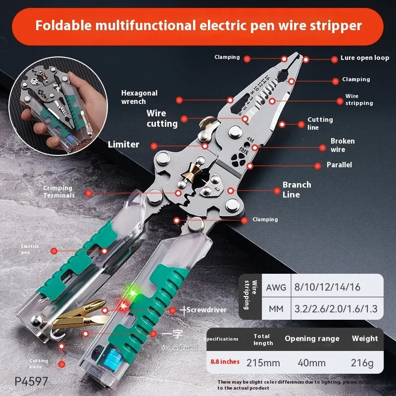 Thickened electrician's wire stripper and pointed pliers tool with rust-resistant finish
