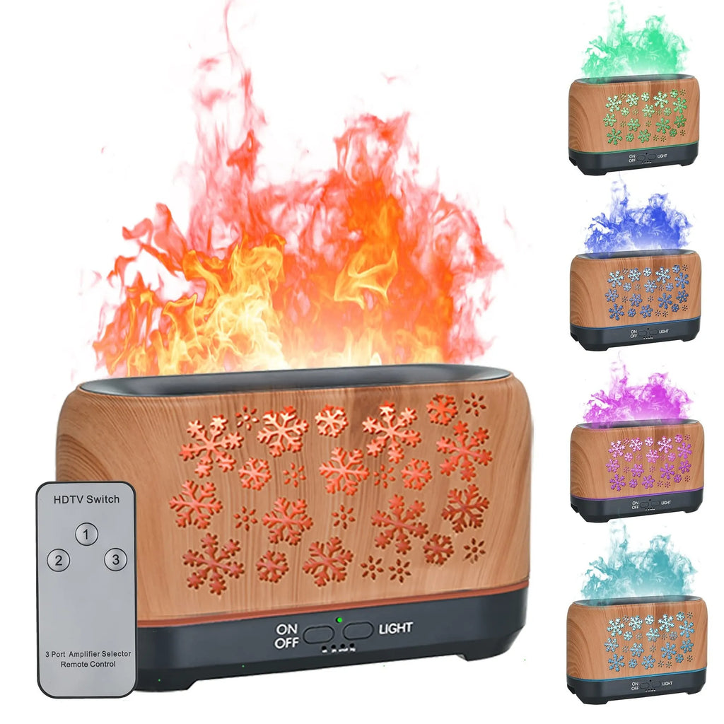 Colourful snowflake wood grain aromatherapy humidifier with flame effect lighting on a desktop