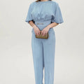 Blue polyester men's casual suit set with long-sleeve shirt and matching trousers