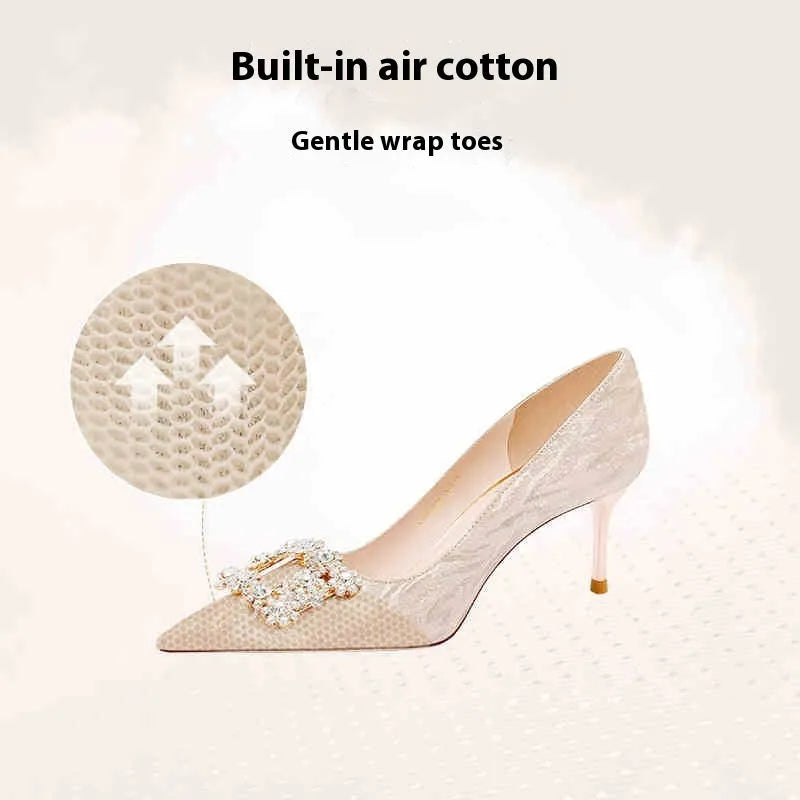 Champagne gold pointed toe stiletto high heels with rhinestone decoration