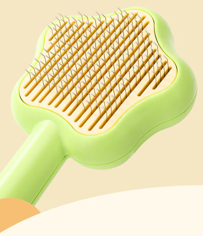 Green self-cleaning cat comb with stainless steel needle pins for pet grooming