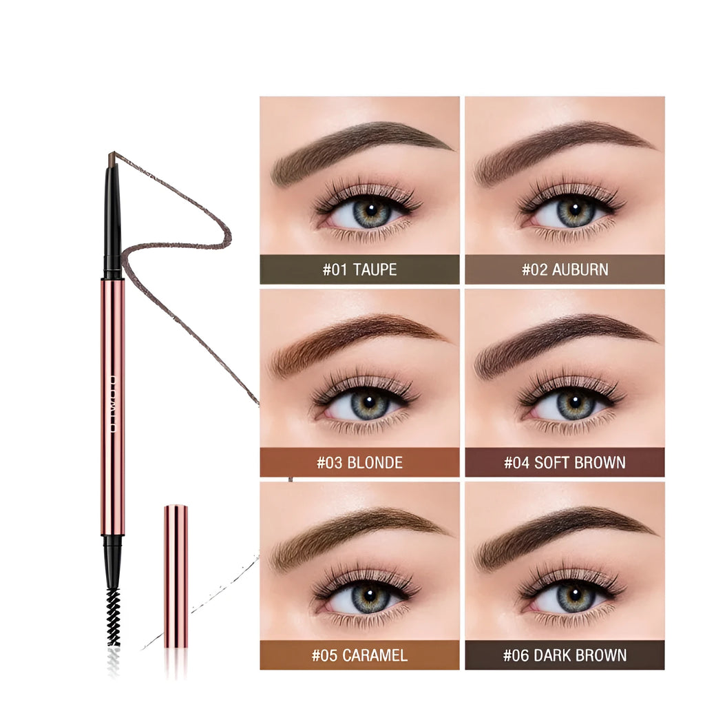 Brow make-up stick in colour box, showing 15.5cm length and six colour options for eyebrows.