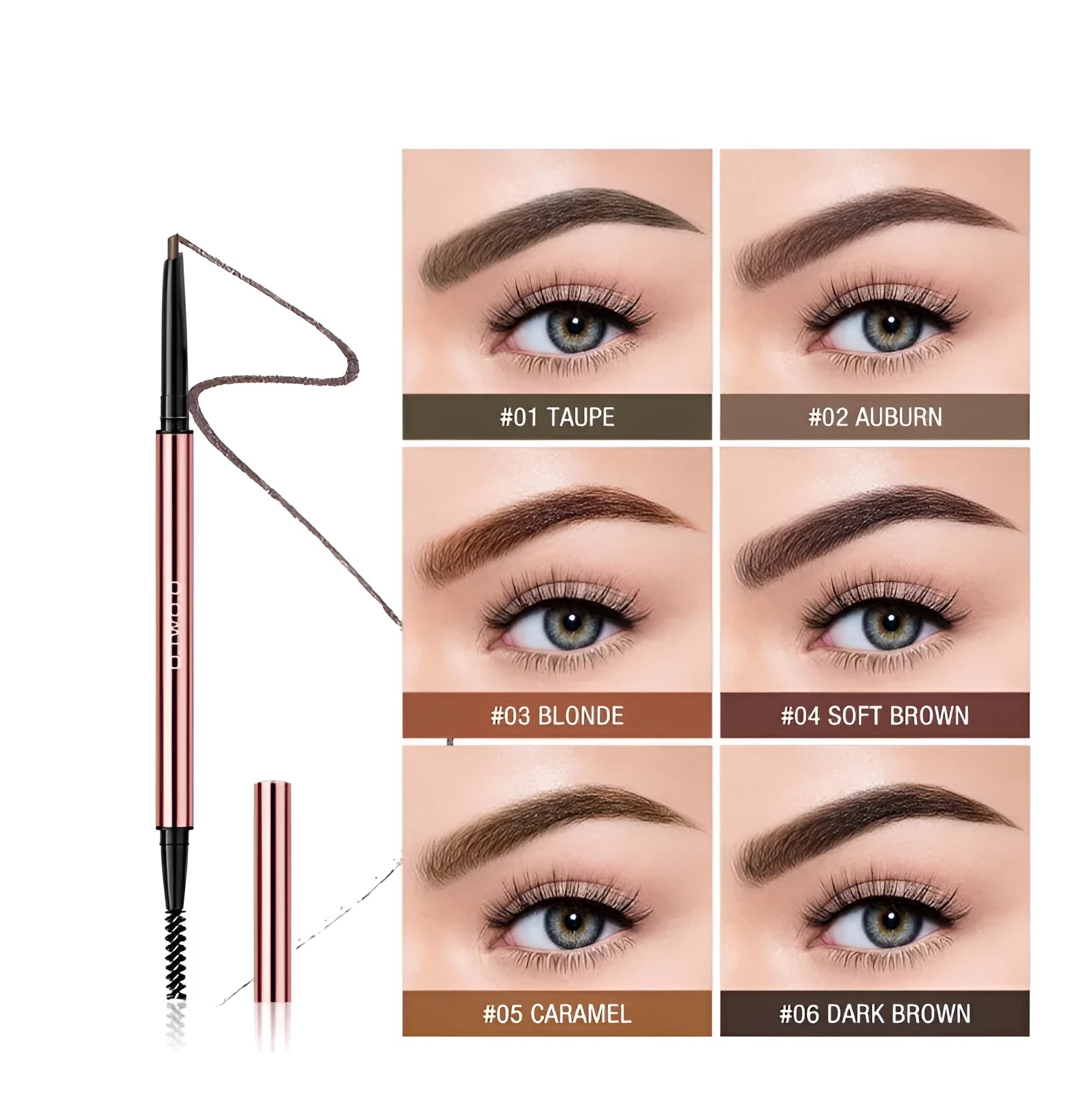 Brow make-up stick in colour box, showing 15.5cm length and six colour options for eyebrows.