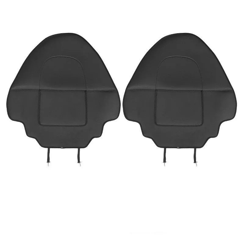 Pair of black leather anti kick pads for motorbike seat protection, 68cm long.