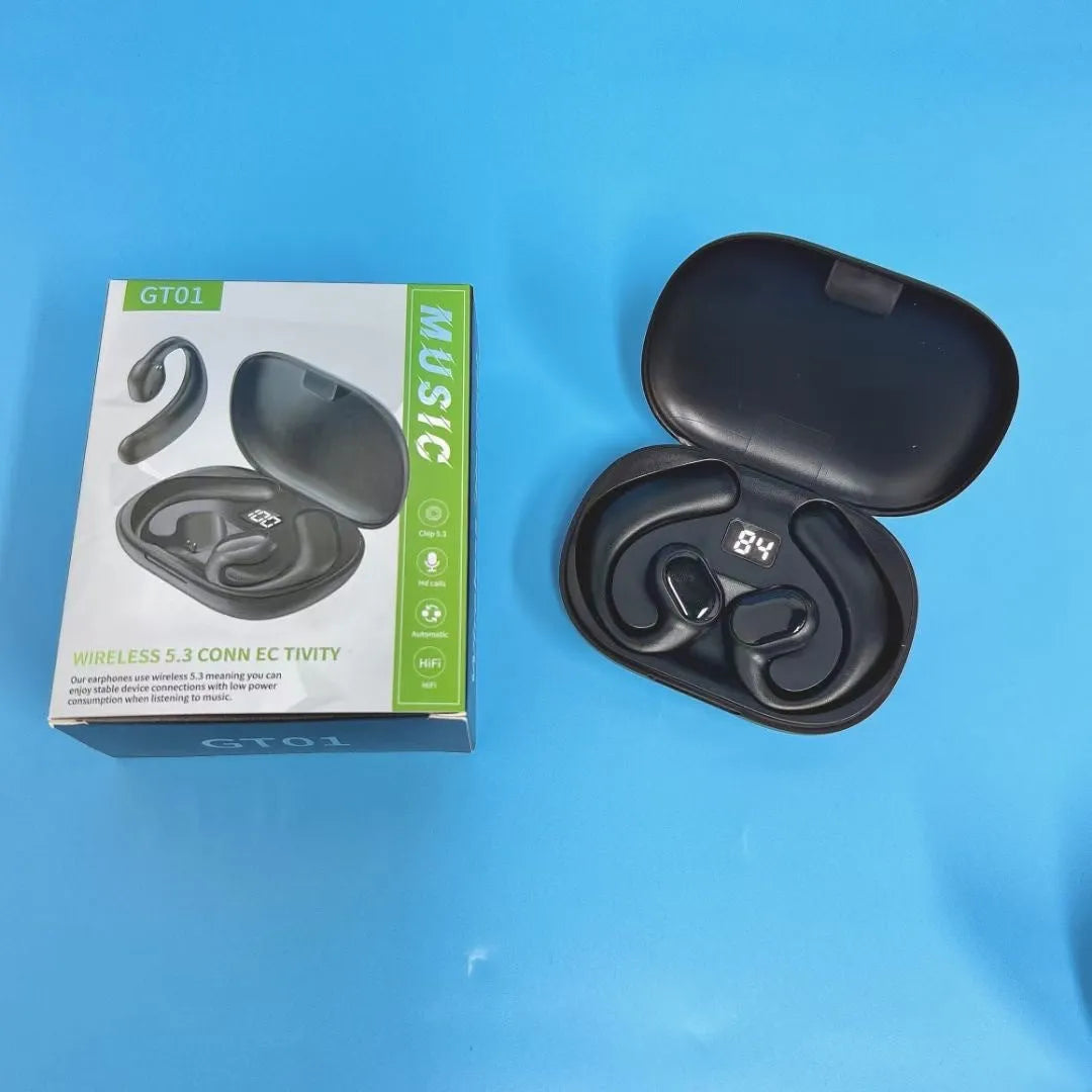 Black or white ear-mounted Bluetooth wireless headset with digital display screen