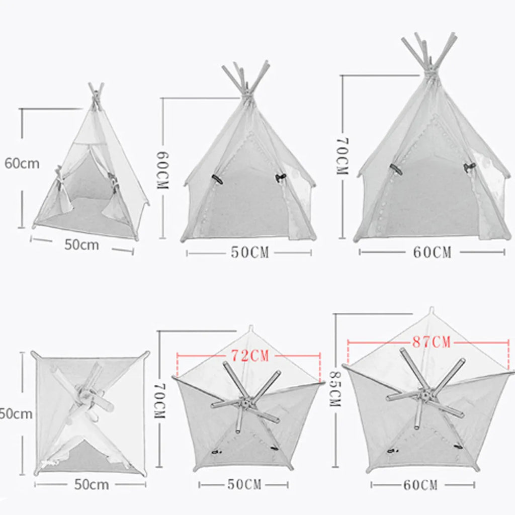 Striped linen pet teepee tent bed with cushion for a small dog or cat indoors