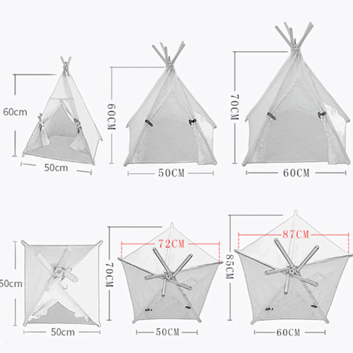 Striped linen pet teepee tent bed with cushion for a small dog or cat indoors