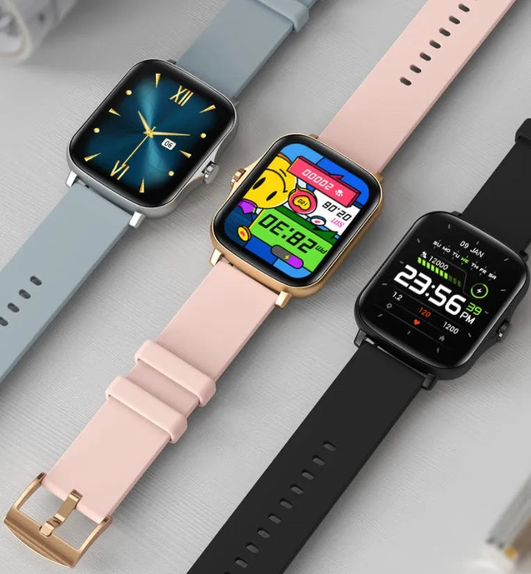 Smart watch with blue strap and 1.7-inch colour touch screen showing fitness stats