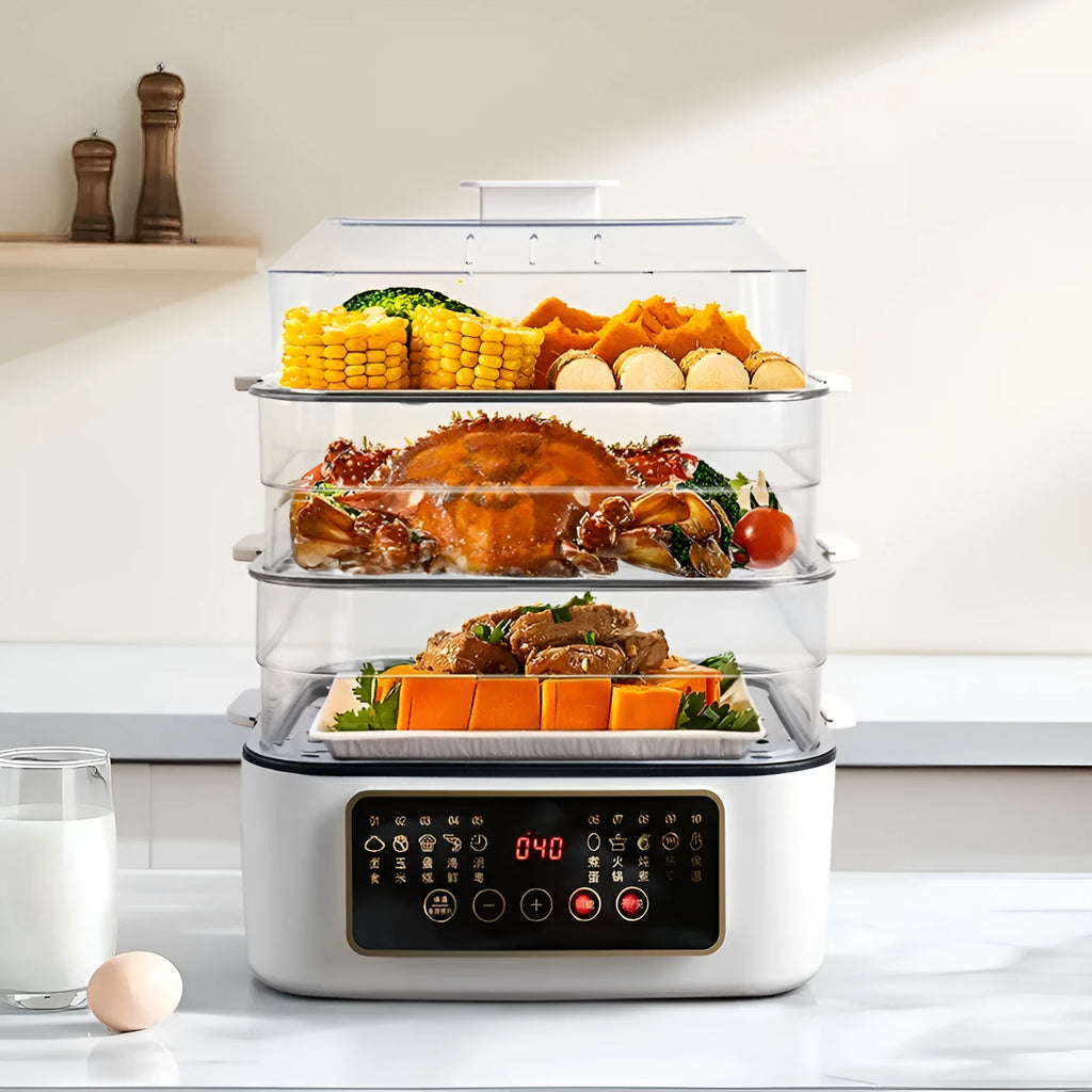 Electric steamer appliance with stainless steel finish and steaming rack