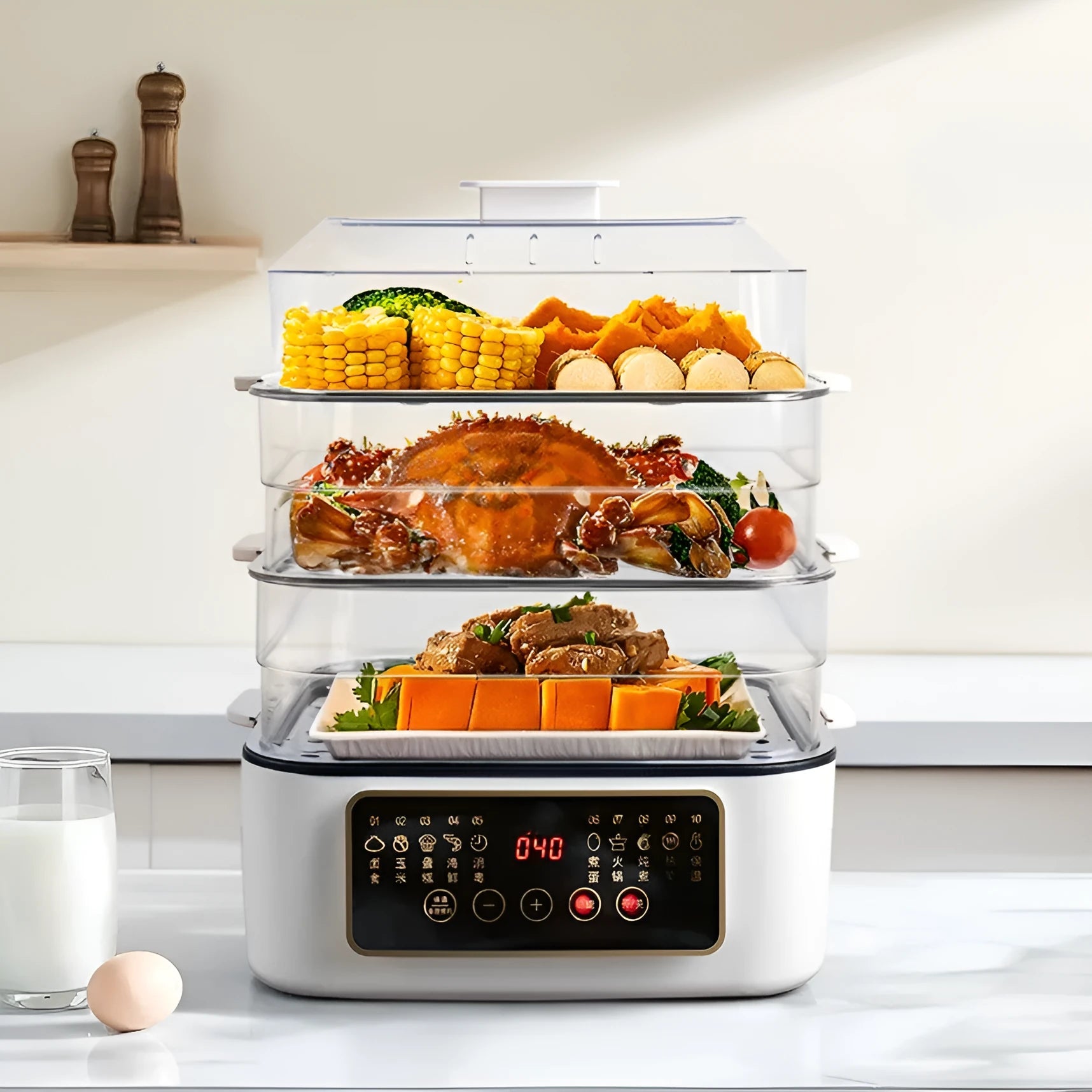 Electric steamer appliance with stainless steel finish and steaming rack