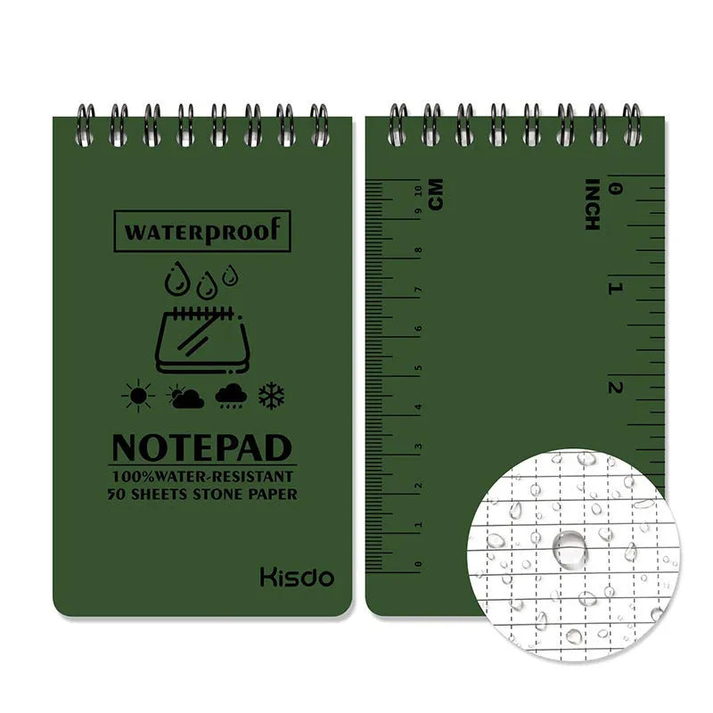 Spiral-bound waterproof notepad with polypropylene cover, open to show stone paper pages, in camouflage colour option.