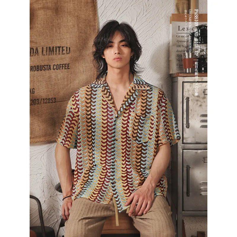 Grey plus-size Japanese-style Cuban collar short sleeve shirt with hollow jacquard texture.