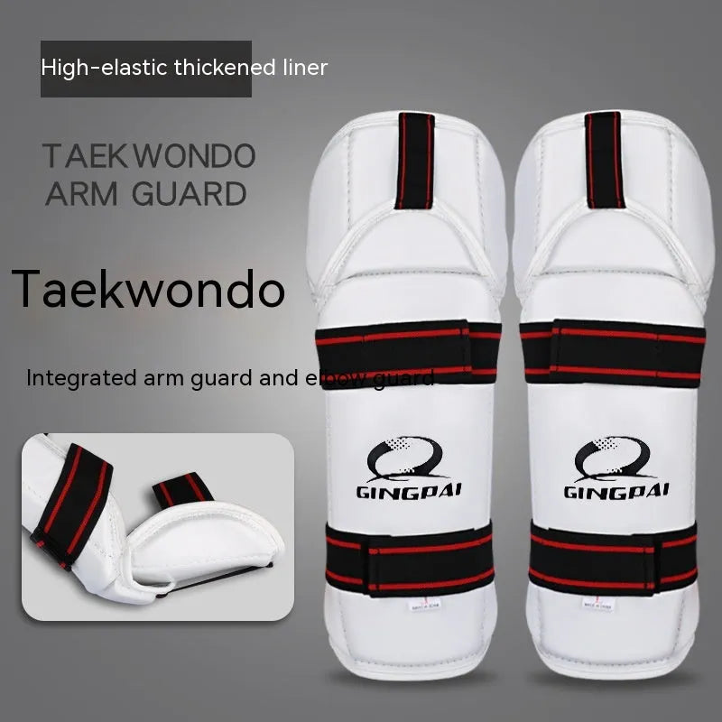 Taekwondo protective gear set showing arm guard, elbow guard and leg protector in PU EVA material