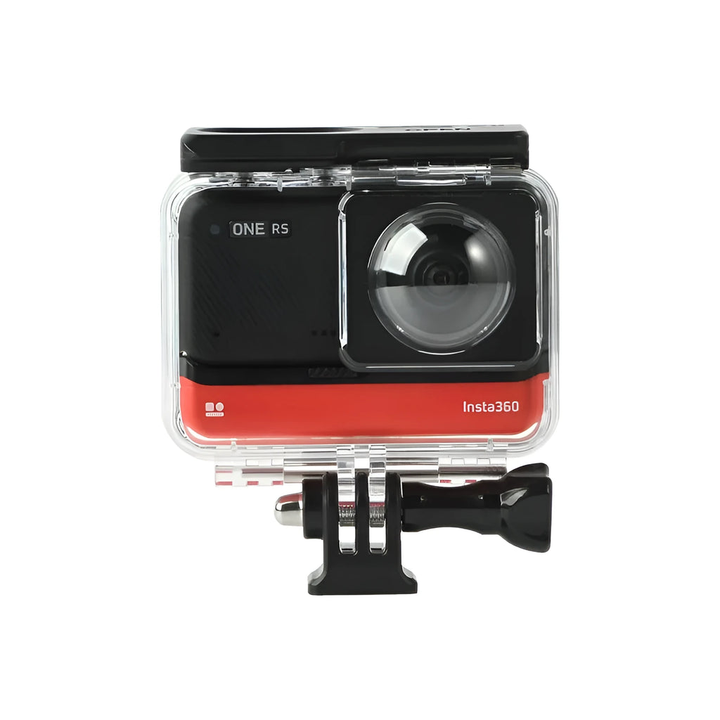 Transparent waterproof case for Insta360 One RS panoramic camera with dimensions showing