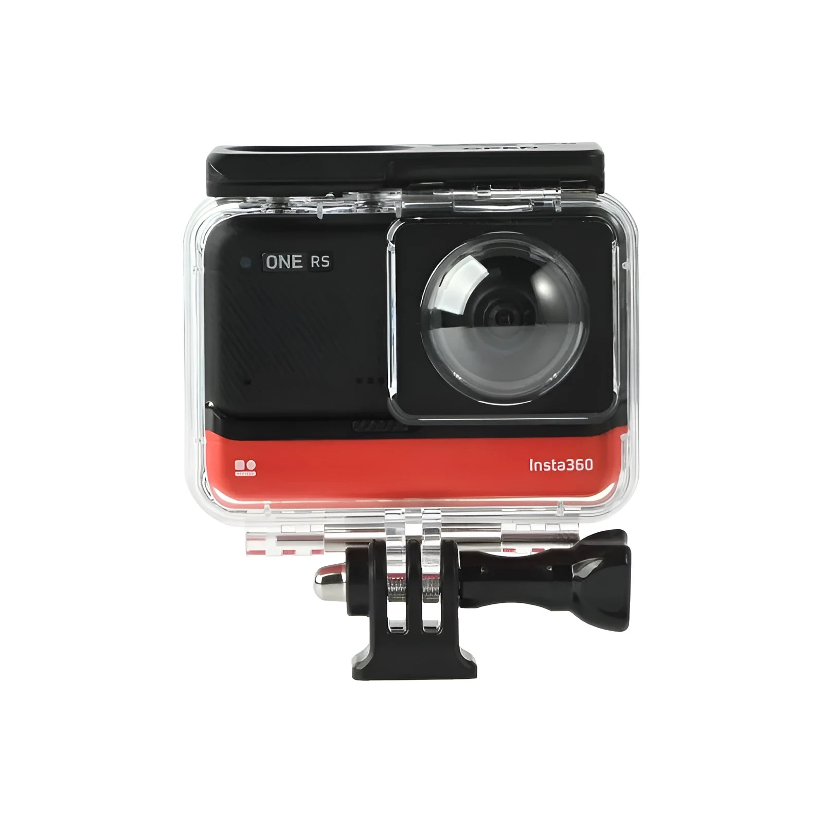 Transparent waterproof case for Insta360 One RS panoramic camera with dimensions showing