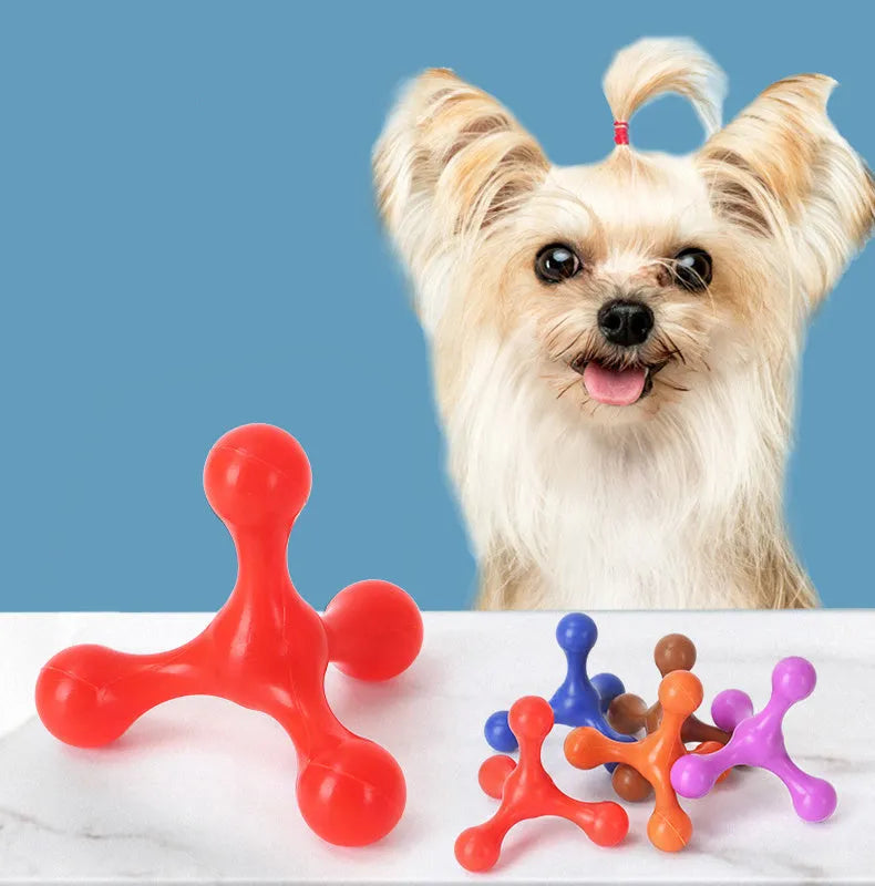 Silicone three-legged puppy chew toy in assorted colours for teething relief