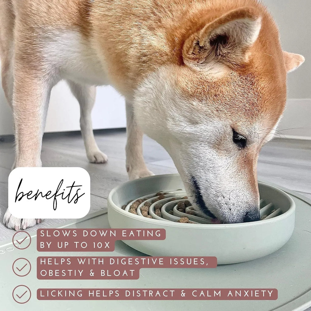Silicone dog slow feeder bowl with textured ridges, shown in mustard green colour.