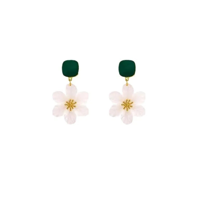 A pair of dark green alloy earrings with a detailed needle flowers sweet floral design.