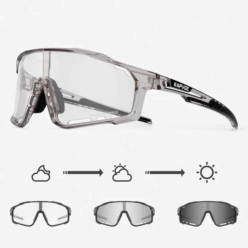 Photochromic cycling sunglasses with a semi-rimless TR90 frame on a solid colour background.