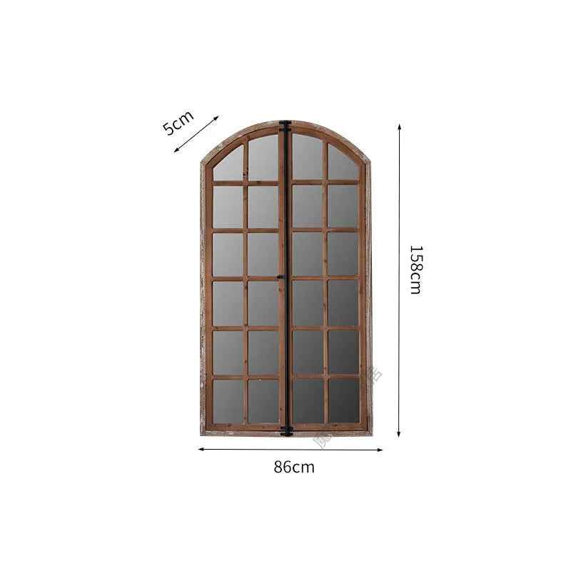 Terrace distressed wooden frame fake window wall mirror with glass panel in log colour