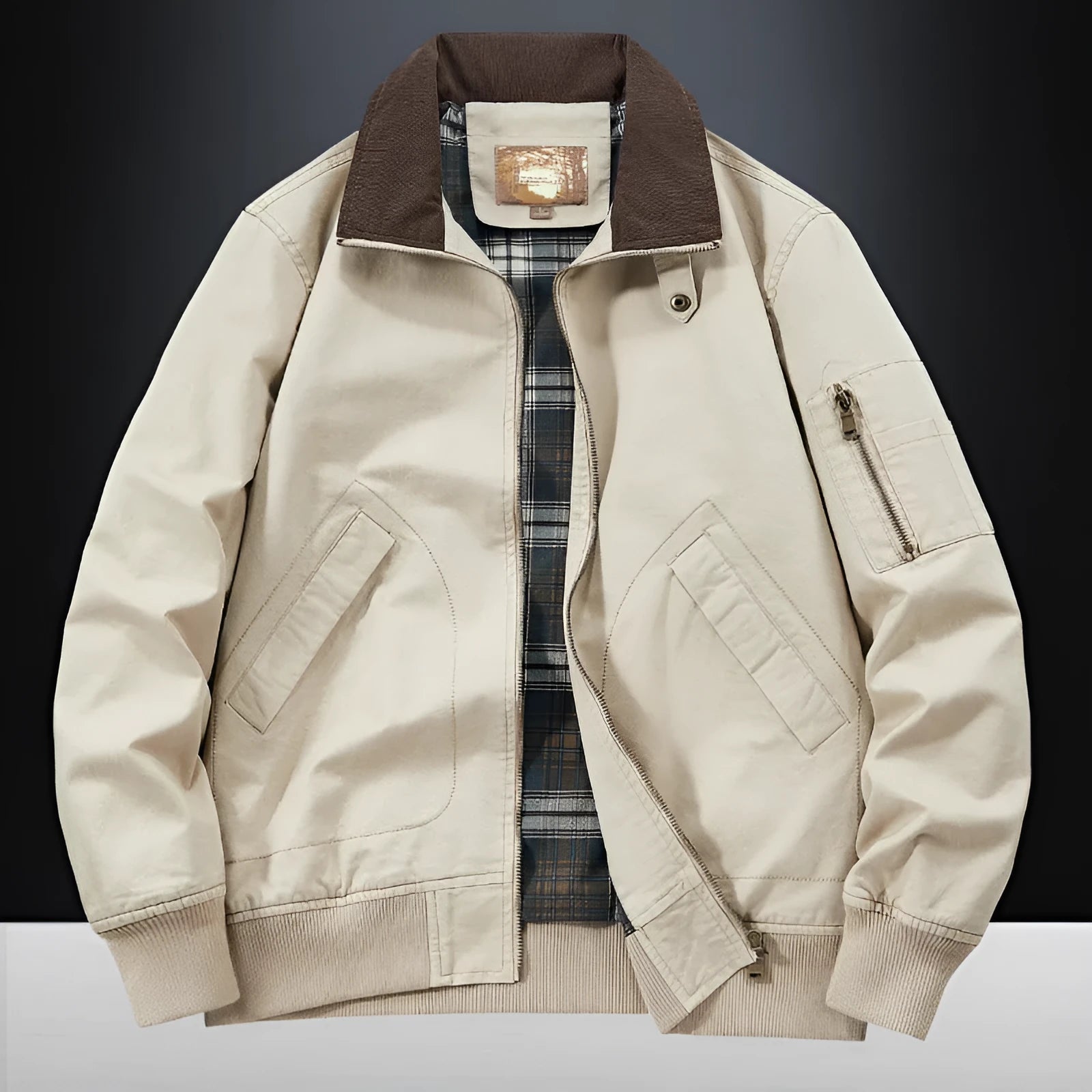 Men's plus-size washed cotton baseball flight jacket in army green, shown on a hanger.