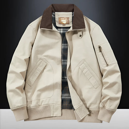 Men's plus-size washed cotton baseball flight jacket in army green, shown on a hanger.
