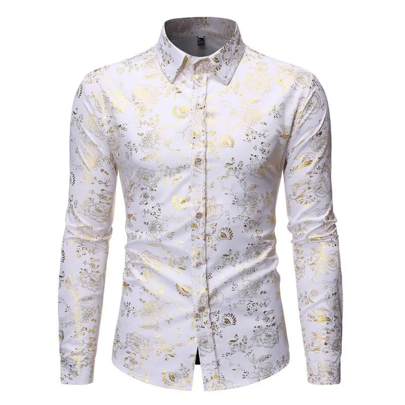 Men's metal bronzing printed lapel casual shirt in polyester fabric available in multiple colours